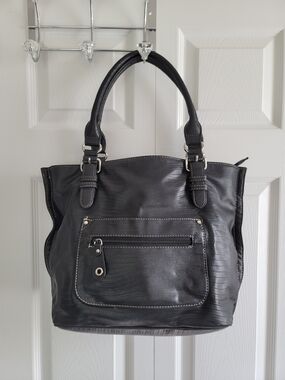 Black Textured Shoulder Tote Bag with Front Zip Pocket
